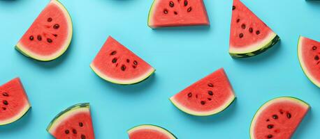 The Watermelon Pattern is a design featuring a red watermelon on a blue background. It represents photo