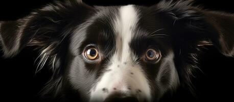young Border Collie dog with wide eyes and a banner with copy space on the left side. also a photo