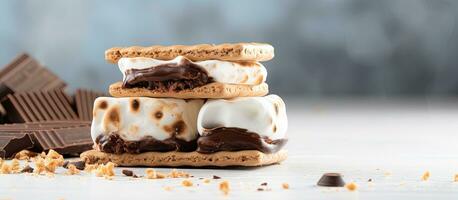 Close-up photograph of a tasty marshmallow sandwich topped with a cracker and chocolate, displayed photo