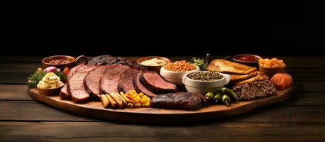 Texas BBQ platter placed on a wooden table with copy space available. photo