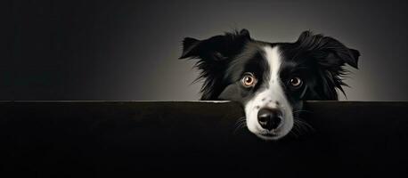 joven frontera collie perro con amplio ojos y un bandera con Copiar espacio en el izquierda lado. además un foto