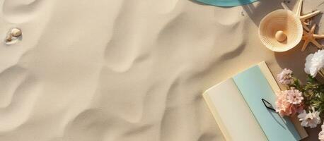 A book for writing with a summer beach theme and accessories, with space to write. Flat lay photo