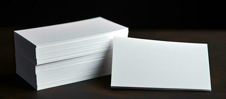 White business cards with space to write on them against a black background. Represents business, photo