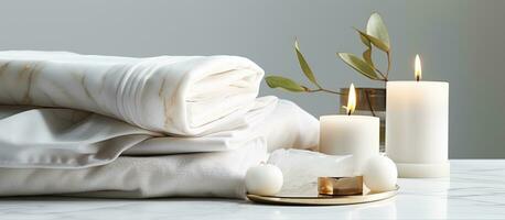 Soft, warm plush fabric with a textured appearance is arranged in elegant folds on a white marble photo