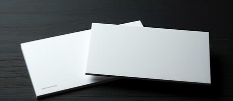 White business cards with space to write on them against a black background. Represents business, photo