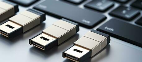 A USB flash drive is shown in front of white file folders or ring binders, representing the photo
