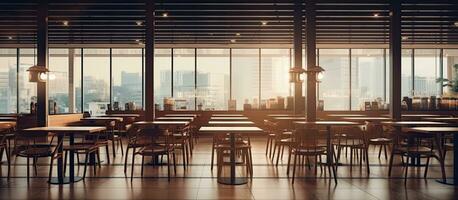 Background Image Of Empty Food Court Interior With Wooden Tables And Warm Cozy Light Setting, photo