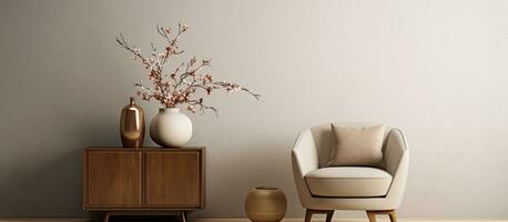 Living room interior with copy space, featuring a boucle armchair, a vase filled with dried photo