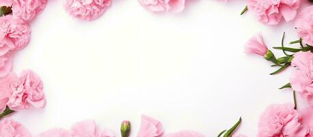 A pink carnation flower frame on a white background with a blank space in the middle. It is photo
