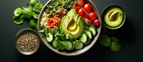 Recipe for a vegan, detoxifying green Buddha bowl featuring quinoa, avocado, cucumber, spinach, photo