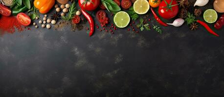 The frame of organic food with spices and vegetables is displayed on a stone background, allowing photo