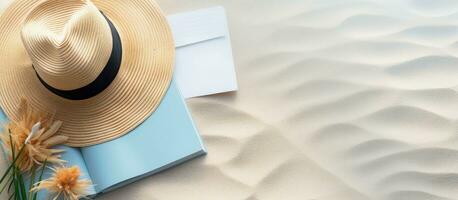 A writing book with summer beach accessories on a background with copy space, perfect for a photo