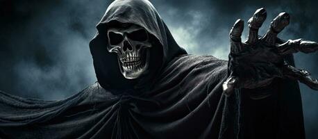 Grim Reaper extending arm towards camera against dark background with space to add text. photo