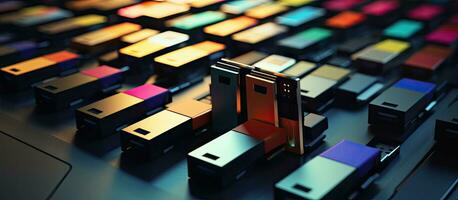A small USB flash drive is placed next to a pile of old file folders or ring binders, representing photo