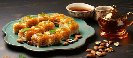 A traditional Arabic dessert called baklava with nuts and honey is commonly enjoyed during Ramadan. photo