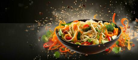 A panoramic view of Asian noodles and vegetables, suitable for vegan and vegetarian diets. It photo