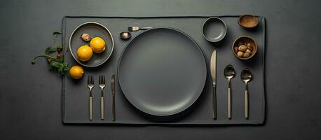 A gray table with no food but with cutlery on top when viewed from above. photo