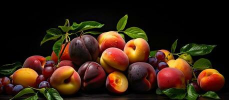 Close Up Of Summer Fruits Apricots Plums Peaches On Light Surface Copy Space photo