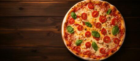 A Pizza Margherita placed on a wooden surface with empty space around it. is taken from the photo