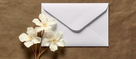 Top view mockup of a blank paper greeting card with an envelope and white flowers, along with photo