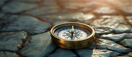 Old compass placed on a stone floor background with room for copy. photo