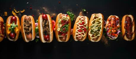 A dark background with various toppings on hot dogs. food background with space for text, seen photo