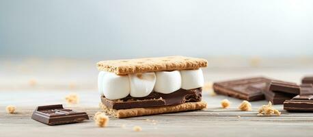 Close-up photograph of a tasty marshmallow sandwich topped with a cracker and chocolate, displayed photo