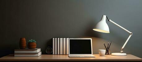 A trendy and simplistic workspace at home with a lamp, office supplies, and a space for copying. photo