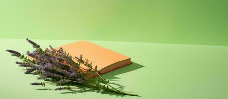 An Orange Book or Notebook with Lavender Flowers inside is placed on a green background, casting photo