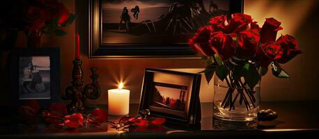 A funeral home table is adorned with a black photo frame containing burning candles and a red