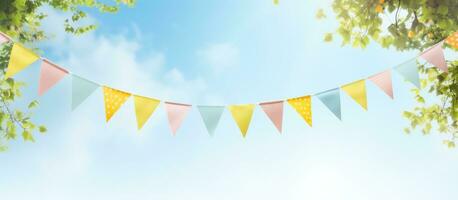 The background template banner with copy space features a colorful pennant string decoration photo