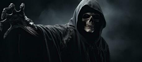 Grim Reaper extending arm towards camera against dark background with space to add text. photo