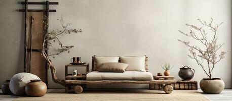 Stylish Oriental Living Room Interior With Beige Chaise Longue, Boho Decoration, Large Pouf photo