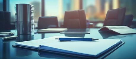 Close-up picture of a notepad with an agenda placed on a table in an empty corporate conference photo