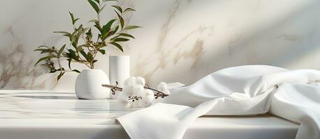 Soft, warm plush fabric with a textured appearance is arranged in elegant folds on a white marble photo