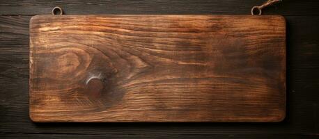 old cutting board on a dark wooden table. The view is from above and space available for copying. photo