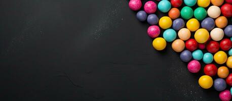 Colorful candy balls placed on a gray and black paper background, arranged as a horizontal banner photo