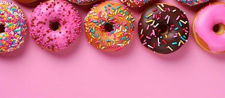 donuts with sprinkles on a pink background, representing a concept of sugar, calories, and homemade photo