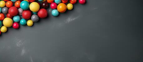 A horizontal banner with copy space featuring colorful candy balls on a gray and black paper photo