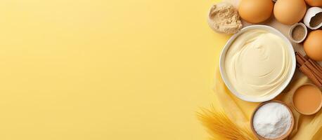 The baking ingredients of flour, egg, milk, rolling pin, and whisk are arranged on a pastel photo