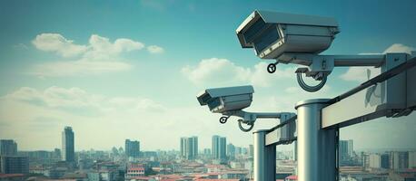 Group of IP CCTV cameras were installed on posts in the urban city for monitoring people as photo