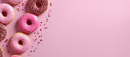 donuts with sprinkles on a pink background, representing a concept of sugar, calories, and homemade photo