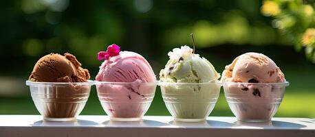 There are three different flavors of ice cream, placed on a metal stand on an outdoor table photo