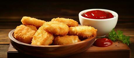 Chicken nuggets served with ketchup on a wooden background, with space for text. They are a photo