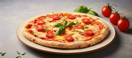 Plate with delicious Margherita pizza and tomato sauce on a light textured backdrop. photo