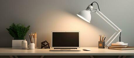 A trendy and simplistic workspace at home with a lamp, office supplies, and a space for copying. photo