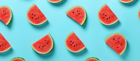 The Watermelon Pattern is a design featuring a red watermelon on a blue background. It represents photo