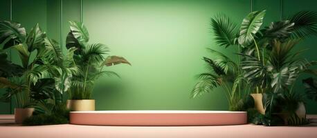 A 3D room with a gradient green background is depicted in an abstract studio setting for product photo