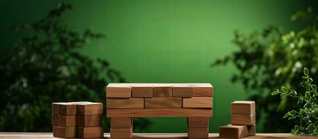 How to relax and relieve stress from work using brick blocks. A wooden table against a green photo