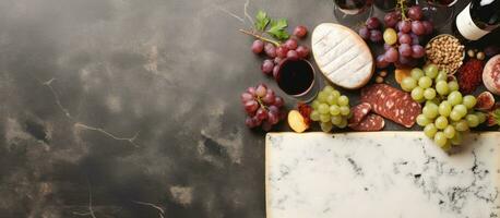 Red And White Wine Bottles, Grape, Cheese And Sausages Over Stone Table. Top View With Copy photo
